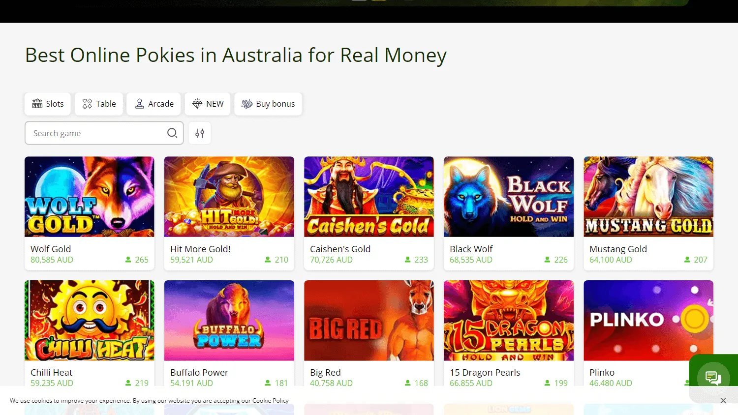 Lucky Green Casino desktop casino games area with pokies and other game formats